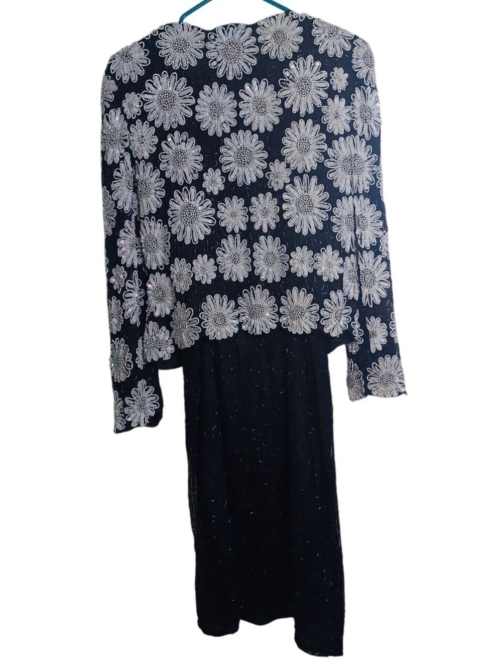Pure Silk Black White Floral Hand Beaded Women M Vintage Evening Dress & Jacket - Picture 10 of 16